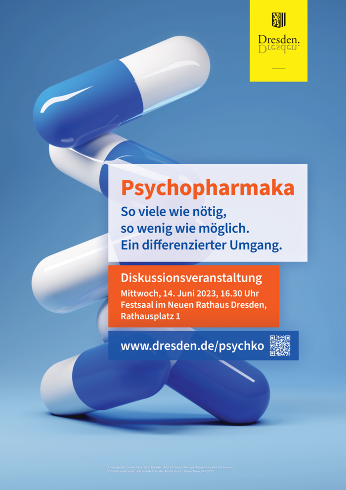 Veranstaltungsplakat „Psychopharmaka – so viel wie nötig, so wenig wie möglich“