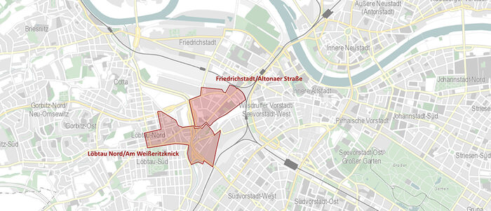 Karte, auf der Friedrichstadt und Löbtau Nord rot eingefärbt sind