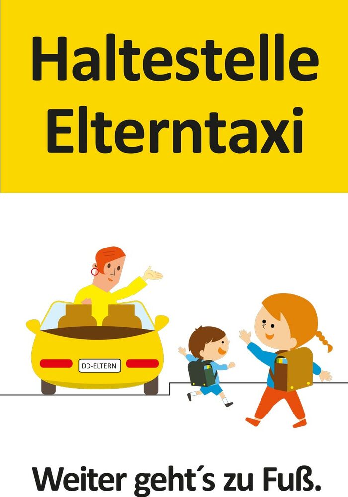 Schild „Elterntaxi-Haltestelle“ mit gelbem Auto und winkendem Menschen, davor zwei Kinder mit Schulranzen, die winken und laufen