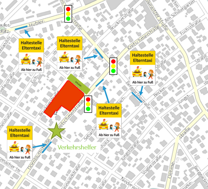 Lageplan mit Standorten an der Hublerstraße, Berggartenstraße, Kretschmerstraße