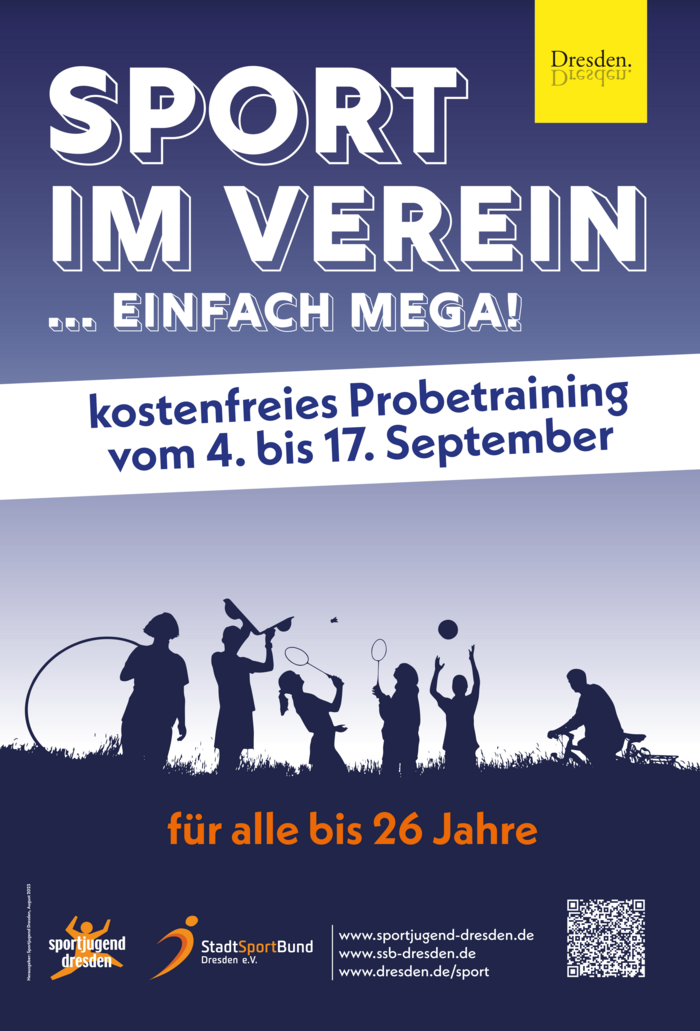 Plakat mit der Aufschrift: Sport im Verein ... einfach mega! Kostenfreies Probetraining vom 4. bis 17. September für alle bis 26 Jahre