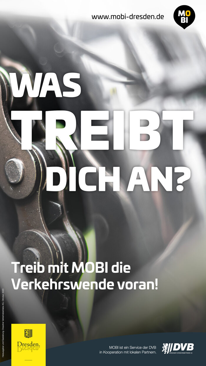 Fahrradkette in Nahaufnahme und der Text: Was treibt dich an? Treib mit MOBI die Verkehrswende voran!