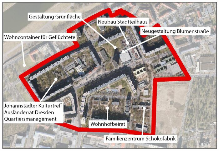 Stadtkarte mit den Beschriftungen: Gestaltung Grünfläche, Neubau Stadtteilhaus, Neugestaltung Blumenstraße, Wohnhofbeirat, Familienzentrum Schokofabrik, Johannstädter Kulturtreff, Ausländerrat Dresden, Quartiermanagement, Wohncontainer für Geflüchtete