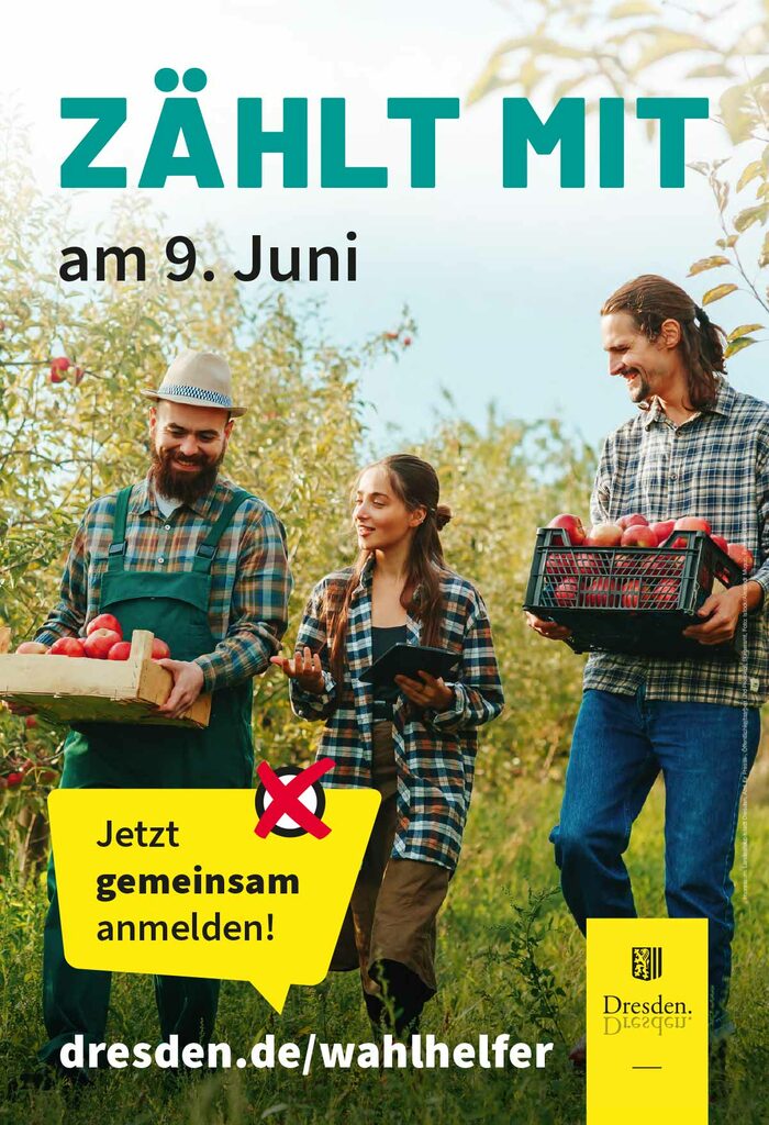 Plakat mit der Aufschrift: ZÄHLT mit am 9 Juni. Meldet euch gemeinsam als Wahlhelferinnen und Wahlhelfer an. Auf dem Plakat sind zwei Joggerinnen abgebildet, die gerade Dehnungsübungen machen.