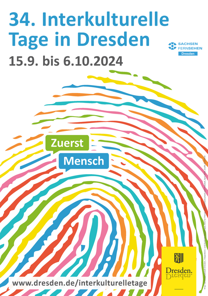 Plakatmotiv der Interkulturellen Tage 2024 in Form einer bunten Daumenabdrucks