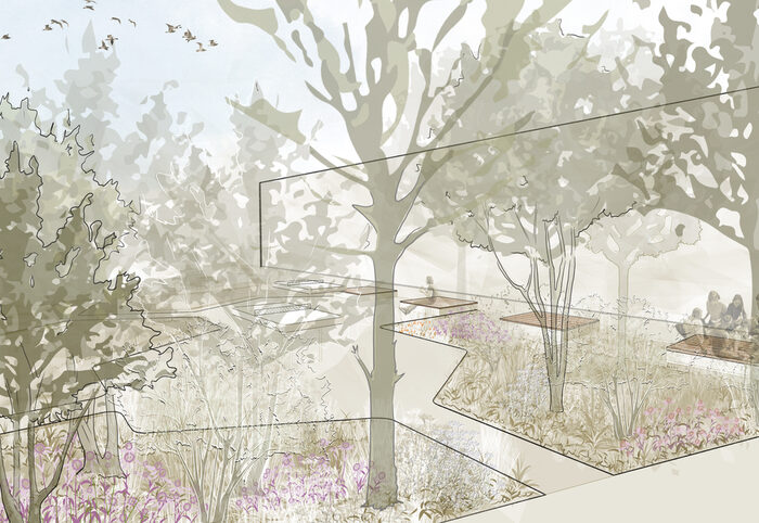 Visualisierung eines Sitzbereichs mit Bänken und Bäumen