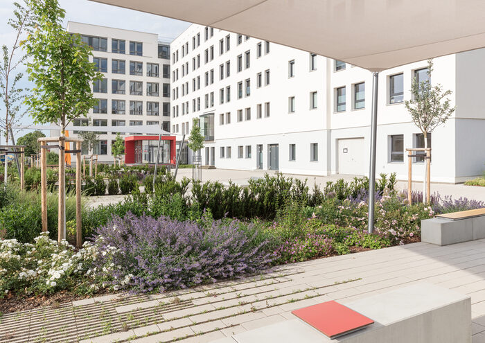 Bild zeigt eine kleine Gartenanlage in der Mitte eines Gebäudekomplexes. Es sind unter anderem weiße und lilane Blumen zu sehen.
