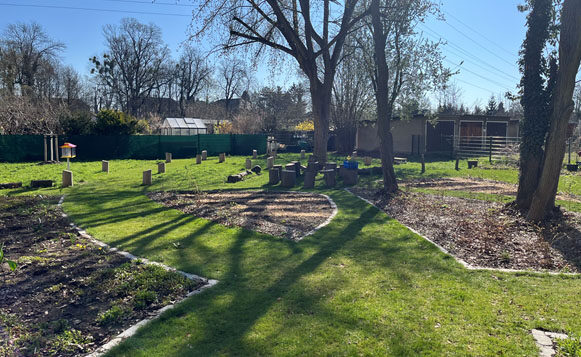 Schulgelände der 92. Grundschule. Der Schulgarten mit seiner grünen Wiese, Bepflanzungskacheln und vier Bäumen.