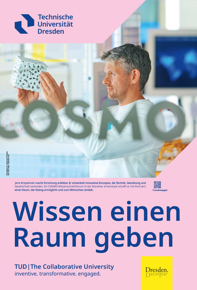 Mann hält einen durchlöcherten Würfel und dabei steht "Wissen einen Raum geben"