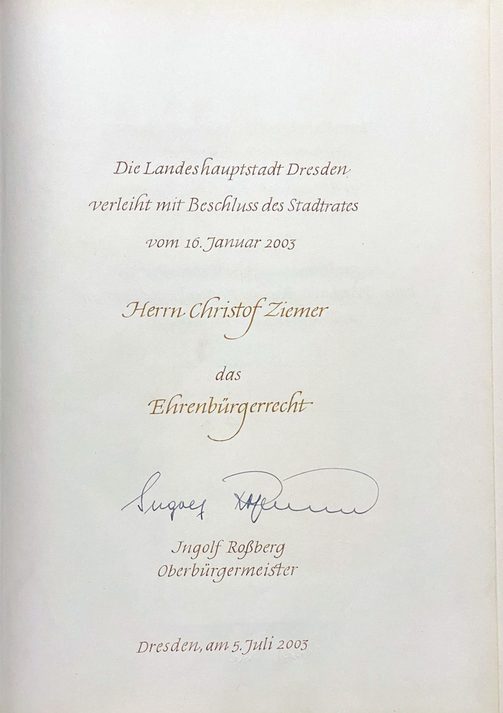 Ehrenbürgerbucheintrag von Christof Ziemer