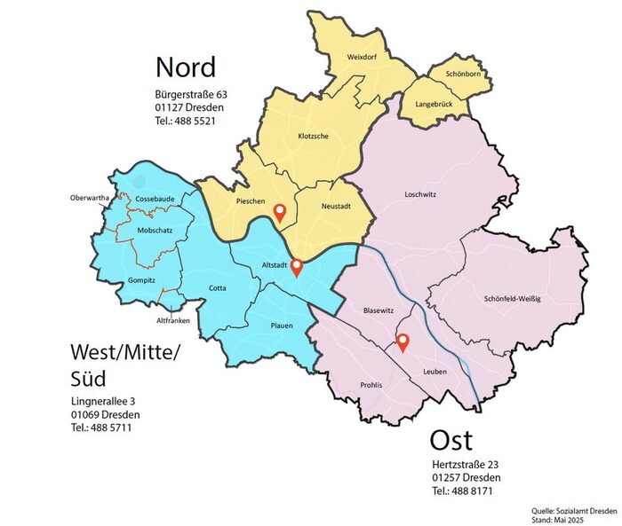 Visuelle Aufteilung der Sachgebiete in Dresden. Ost, Nord, West/Mitte und Süd