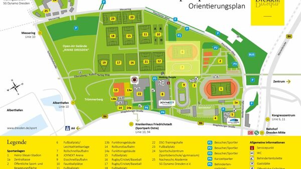 Plan Sportpark Ostra - Veranstaltungsgelände Platz 6 + 7 (hellgelb markiert)