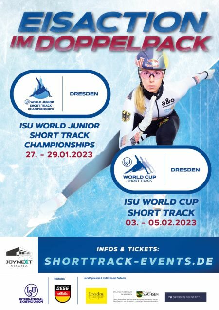 Plakat internationale Shorttrack-Events in der JOYNEXT Arena mit Junioren-WM und Weltcup: Schnell, schneller, Shorttrack