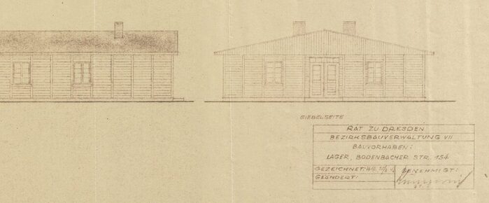 Die Abbildung zeigt einen Teilausschnitt der Holzbaracken aus den historischen Bau- und Grundstücksakten nach 1945