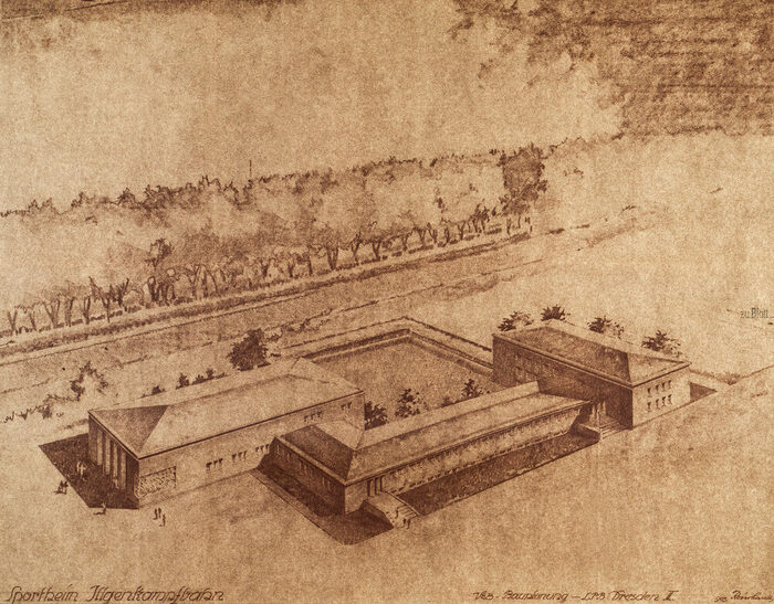 Das geplante Sportheim auf dem Gelände des Rudolf-Harbig-Stadions, 1951