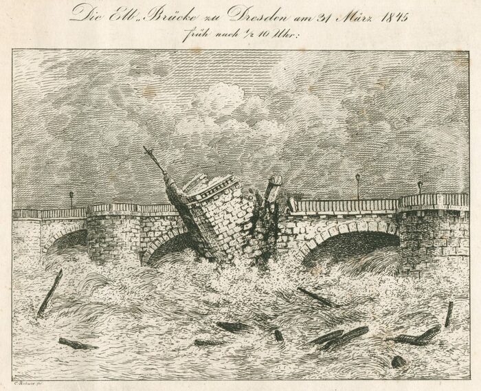 Das Bild zeigt den Einsturz der Augustusbrücke beim Hochwasser von 1845. In der Mitte bricht der Kreuzpfeiler mitsamt Kruxifix ab. Elbe zeigt viele Wellen, die sich an den Pfeilern brechen.