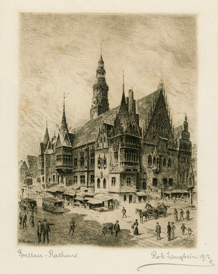 Ratsfestkarte mit dem Breslauer Rathaus von Robert Langbein (1864 – 1932) aus dem Jahr 1912, Probedruck, retuschiert.
