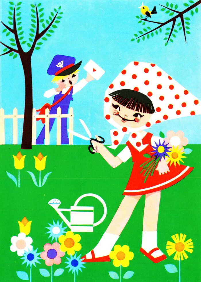 Vorderseite einer Umschlagmappe der Kinderpost, innenliegend mit Briefpapier, Briefmarken und Umschlägen