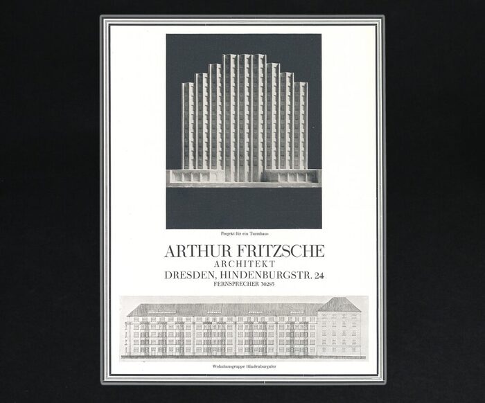 Geschäftsempfehlung des Architekten Arthur Fritzsche mit Entwürfen zur Wohngruppe am Hindenburgufer und dem Projekt für ein Turmhaus in der Festschrift zum Deutschen Architekten- und Ingenieurtag in Dres-den 1926.