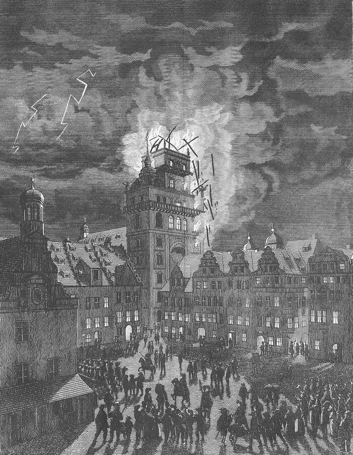 Der durch Blitzschlag am 29. April 1669 zerstörte Turm der alten Kreuzkirche