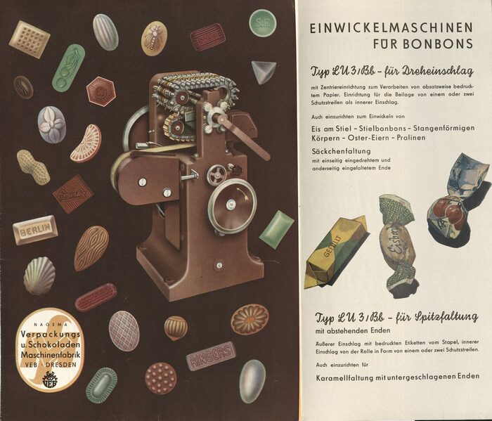 Messeprospekt für eine Süßwarenverpackungsmaschine des VEB Verpackungs- und Schokoladenmaschinenfabrik NAGEMA in Dresden um 1955