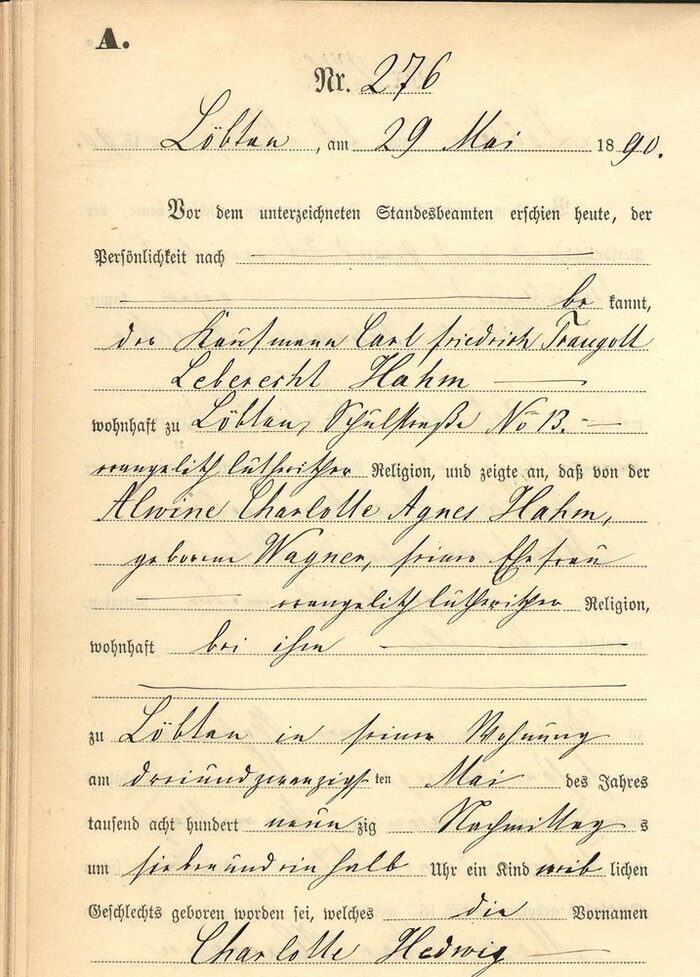 Archivale des Monats November ist die am 29. Mai 1890 ausgestellte Geburtsurkunde von der Dresdnerin Charlotte Hedwig Hahm.