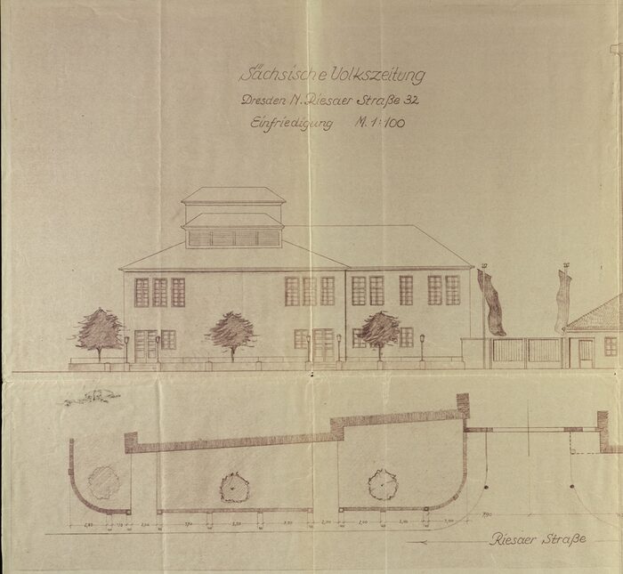 Entwurfszeichnung: „Gemeinschaftshaus des Goehle-Werkes - nach 1945 Kulturhaus der Sächsischen Volkszeitung“