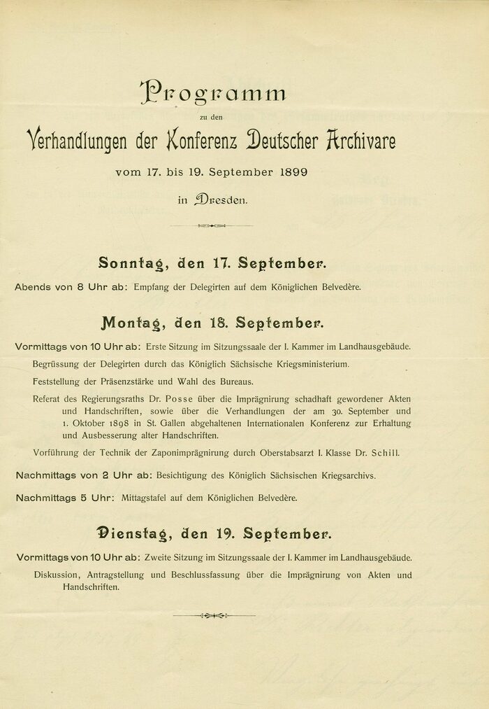 Programm zu den Verhandlungen der Konferenz Deutscher Archivare vom 17. bis 19. September 1899 in Dresden