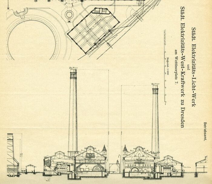 Querschnitt durch das West-Kraftwerk (links) und das Licht-Werk (rechts), 1903