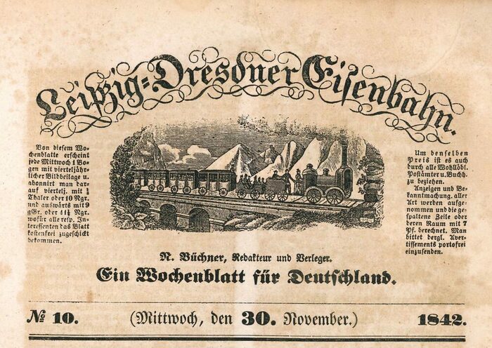 Zeitungskopf des Wochenblattes „Leipzig-Dresdner-Eisenbahn“ aus dem Jahr 1842