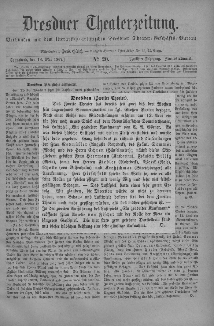 Dresdner Theaterzeitung für Deutschland, Ausgabe vom 18. Mai 1867.