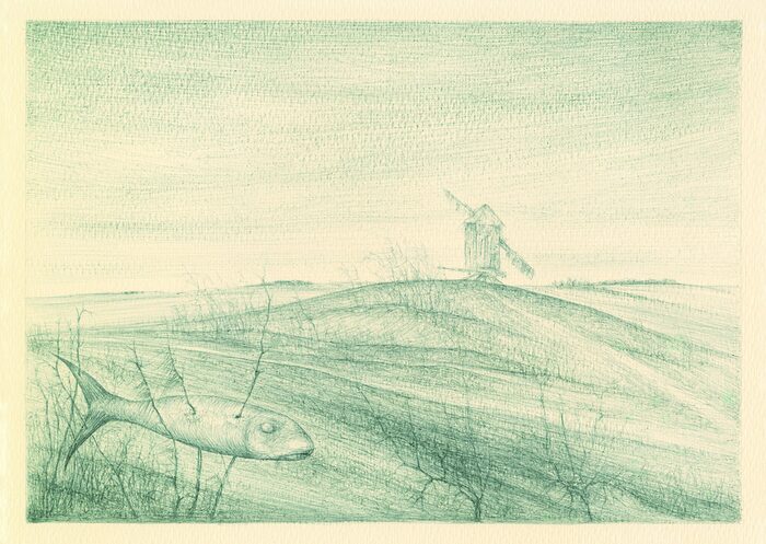 Roger Loewig, "Im Flämingland auf meinem Hügel bin ich die alte Mühle ohne Wind", 1970.
