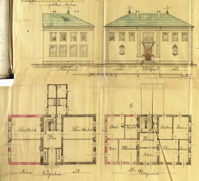Zeichnung für den Anbau an das bestehende Schulhaus in Rochwitz, 1894; Stadtarchiv Dresden: 8.45 Gemeindeverwaltung Rochwitz, Nr. 16, Bl. 72.