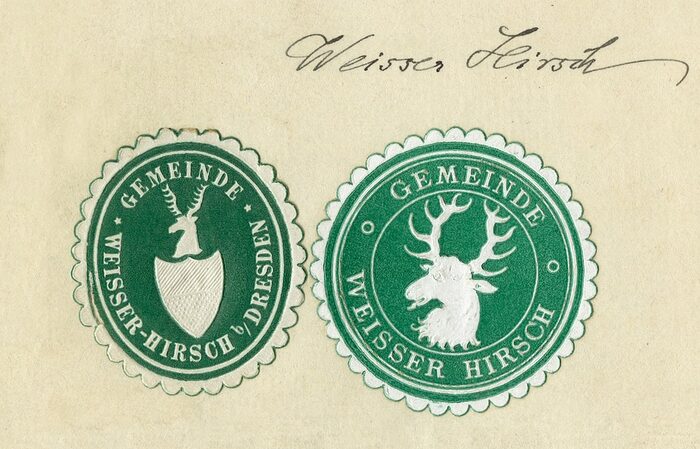 Siegel der Gemeinde Weißer Hirsch, links das alte Siegel mit Wappenschild und rechts das ab 1905 gültige Gemeindesiegel