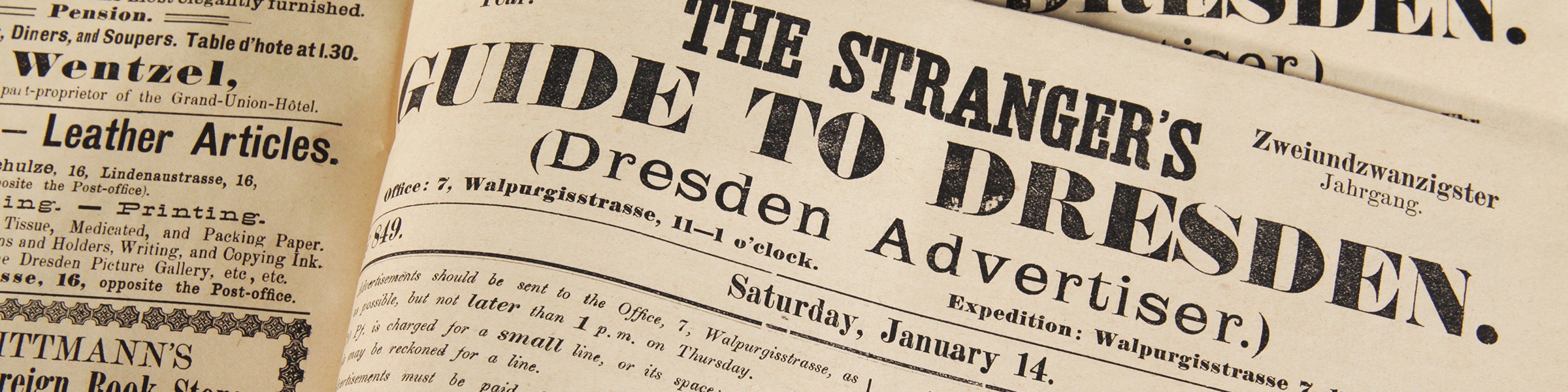 Zeitungsseite The Strangers Guide to Dresden mit Datum 14. Januar 1893