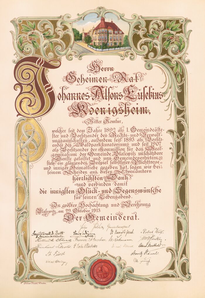 Dankesurkunde des Gemeinderates Blasewitz aus dem Jahr 1913 für Johannes Alfons Eusebius