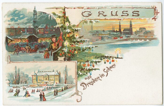 Winterliche Postkarte mit einer Abbildung des Striezelmarkts aus Dresden
