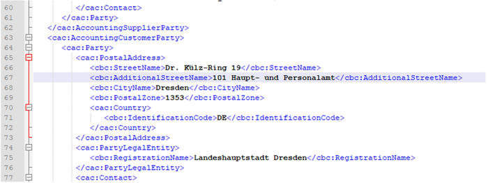 Screenshot, das die Eingabe der Feinadressierung der E-Rechnungen am Beispiel Haupt- und Personalamt zeigt