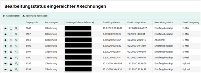 Screenshot der Oberfläche, in der er Bearbeitungsstatus abgefragt werden kann