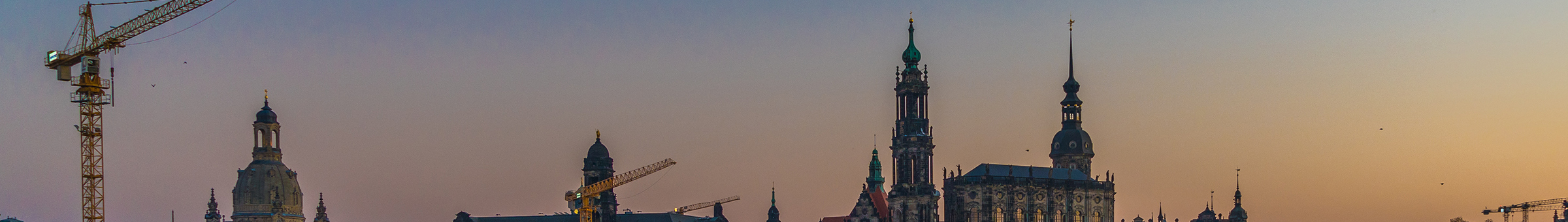 Silhouette der Dresdner Altstadt mit Baukränen im Abendlicht