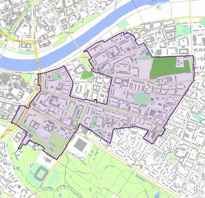 Die Karte zeigt die Grenzen des Projektgebiets Dresden Johannstadt und Pirnaische Vorstadt, das zwischen den Elbauen, dem Großen Garten, der St. Petersburger Straße und der Fetscherstraße liegt.