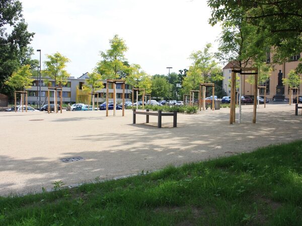 Das Bild zeigt die neu gestaltete Platzfläche, mit neuen Bäumen, Sitzbänken und dem Denkmal der "Mutter Anna"