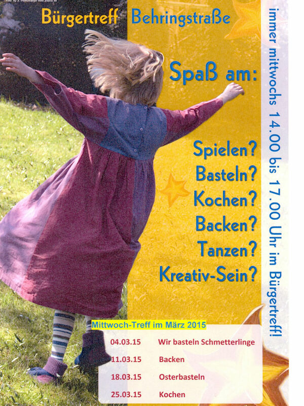 Plakat mit Aufzählung von Aktionen zum Stadtteilfest, davor hochspringendes Mädchen