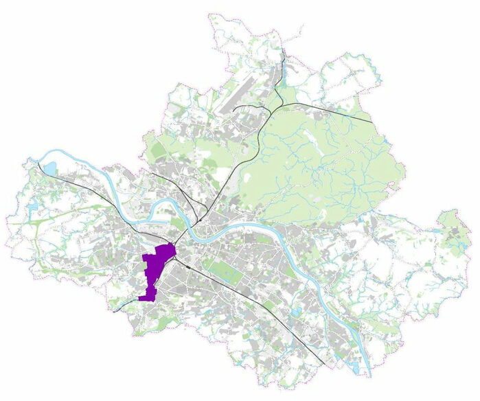 Stadtkarte mit lila eingezeichneten Projektgebiet Dresden West/Friedrichstadt