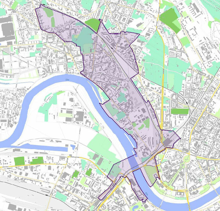 Das Bild verortet auf einer Karte schematisch das Fördergebiet Dresden-Nordwest im Stadtgebiet von Dresden mit einer violetten Umrandung.
