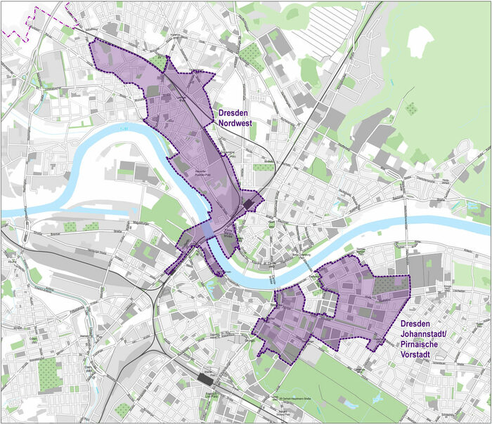 Das Bild verortet auf einer Karte schematisch die zwei EFRE-Fördergebiete im Stadtgebiet von Dresden. Die zwei bewilligten Gebiete Dresden-Nordwest und Johannstadt/Pirnaische Vorstadt sind mit einem kräftigen Violett umrandet.