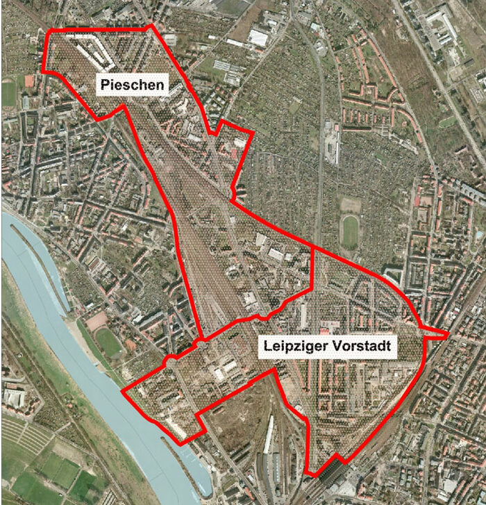 Luftbild des Projektgebiets Nördliche Vorstadt Dresden mit Kennzeichnung der umfassenden Stadtteile