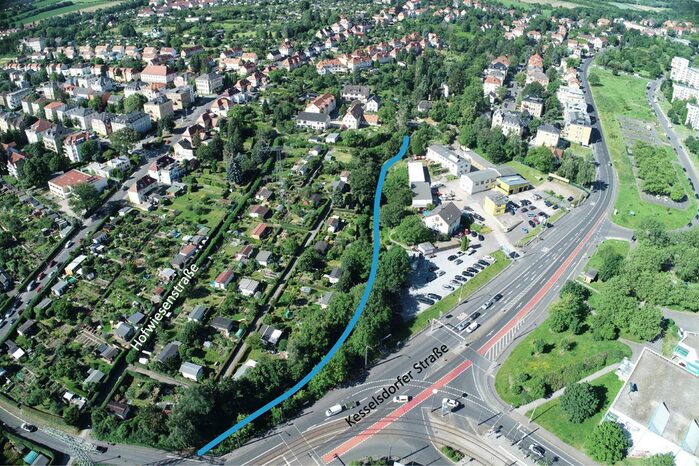 Luftbild Gorbitz mit eingezeichnetem Bereich für die Renaturierung des Gorbitzbaches