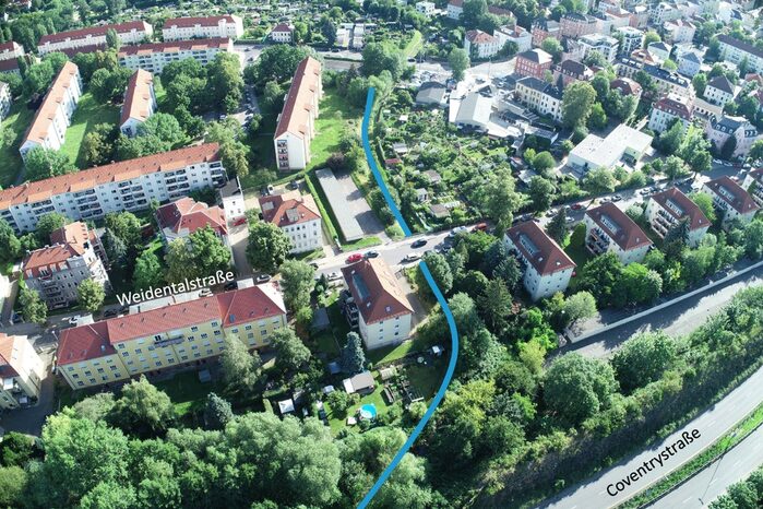 Luftbild Gorbitz mit eingezeichnetem Bereich für die Renaturierung des Weidigtbaches