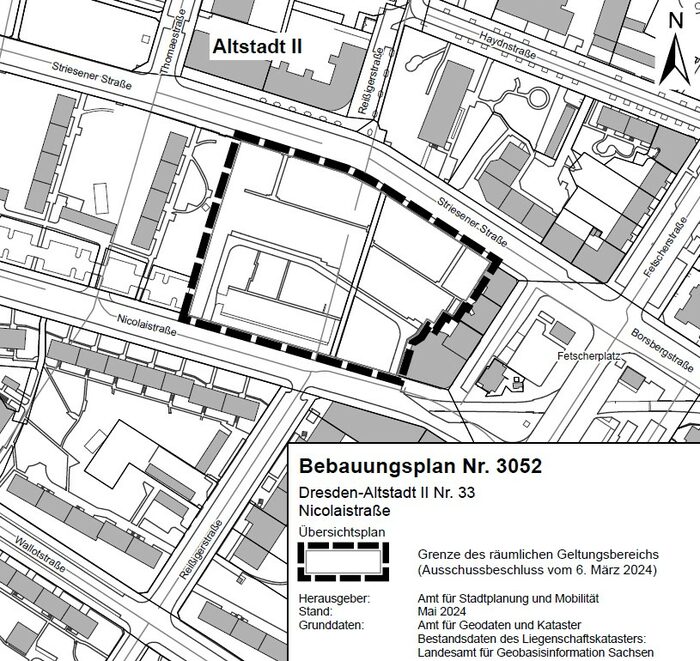 Im Bild ist der Geltungsbereich des Plangebietes dargestellt. Es befindet sich direkt an der Striesener Straße in unmittelbarer Nähe zum Fetscherplatz. Die Planungsfläche ist für den Wohnungsbau vorgesehen.